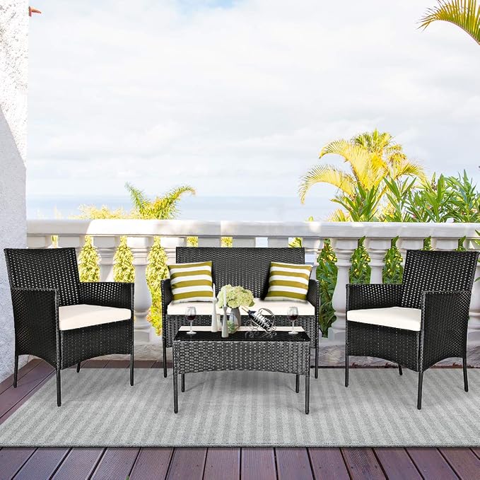 DORTALA Wicker Patio Furniture Set 8 Piece, Rattan Outdoor Table and Chairs Set with Loveseat, Cushions, All Weather Balcony Conversation Sofa Set for Porch, Backyard, Deck, Beige