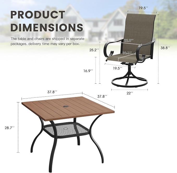 5 Pieces Patio Dining Set, 4 Outdoor Swivel Dining Chairs with 37.8" Square Metal Outdoor Dining Table with Umbrella Hole for Garden Backyard Deck, Mixed Brown & Walnut