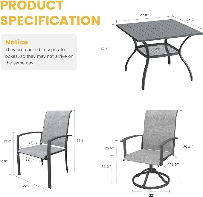 VICLLAX 5 Pieces Patio Dining Set for 4, 37.8" Square Outdoor Table and Chairs (2 Fixed Chairs and 2 Swivel Chairs) for Deck Garden, Dark Grey
