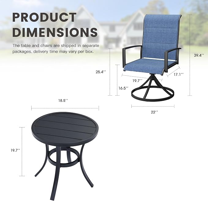 Outdoor Dining Set for 2, 18.5" Metal Round Outdoor Side Table and Padded Textilene Patio Swivel Chairs, 3 Pieces Patio Side Table and Chairs Set for Garden Backyard, Dark Blue and Black