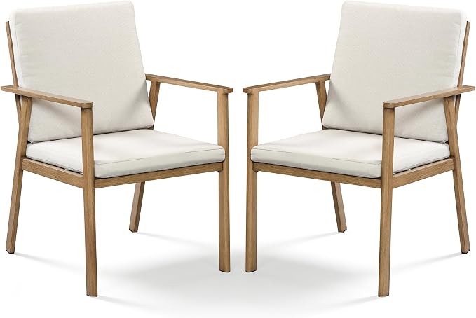 Outdoor Patio Dining Chairs Set of 2, Never-Rust Aluminum Garden Chairs with Thickened Washable Cushions, All Weather Patio Armchairs with Wider Seat for Backyard, Lawn, Poolside, Porch, Teak
