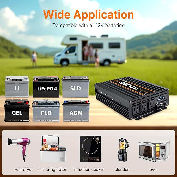 3000W Power Inverter, 12V DC to 110V/120V Modified Sine Wave Inverter with 3 AC Outlets, USB Port, Wired Remote Controller, Car Power Inverter for RV, Truck, Boat, Camping, Off-Grid