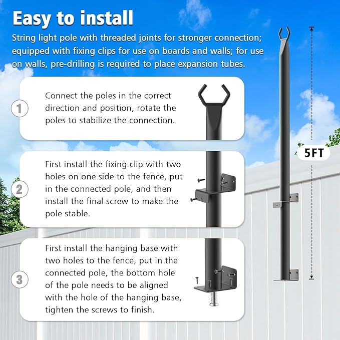 NUERPO 2 Pack String Light Poles,5Ft Metal Poles for Outdoor String Lights,Outdoor Light Poles with Post,Poles/Stand for Outside,Patio,Deck,Backyard,Garden Wedding,Party