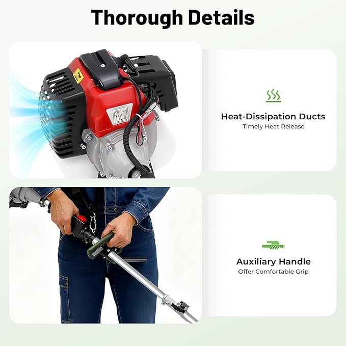 7 in 1 Gas Weed Eater, 52cc 2-Stroke Weed Wacker Gas Powered with Shock Absorbing Shoulder Straps and Goggles Brush Cutter Edger Hedge Trimmer for Landscaping