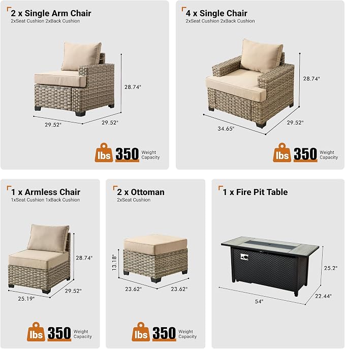 ovios 10 Piece Patio Sectional Furniture with 42in Fire Pit Table, Rattan Wicker Coversation Setwith Single Chairs, Outdoor Sofa Set for Outside Porch Balcony Backyard Pool, Beige