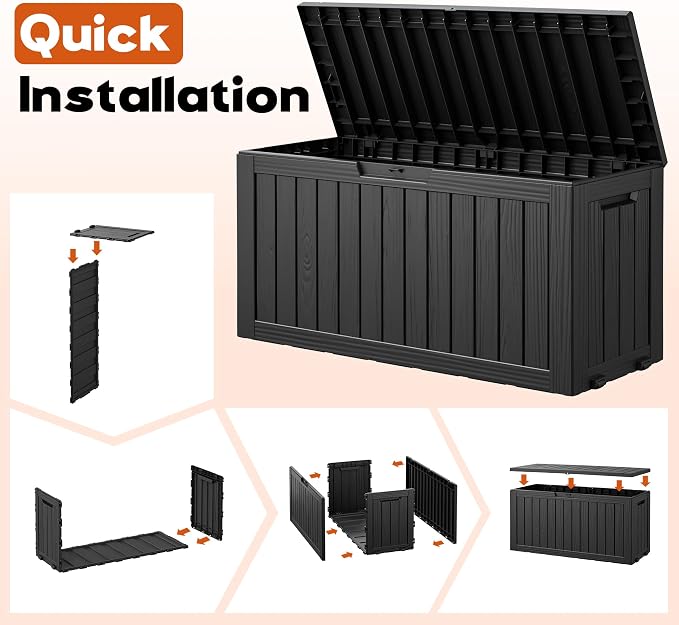 Outdoor Storage Box, Resin Deck Boxes Indoor and outdoor, Waterproof Storage Box Lockable Lid (Black, 85 Gallon)