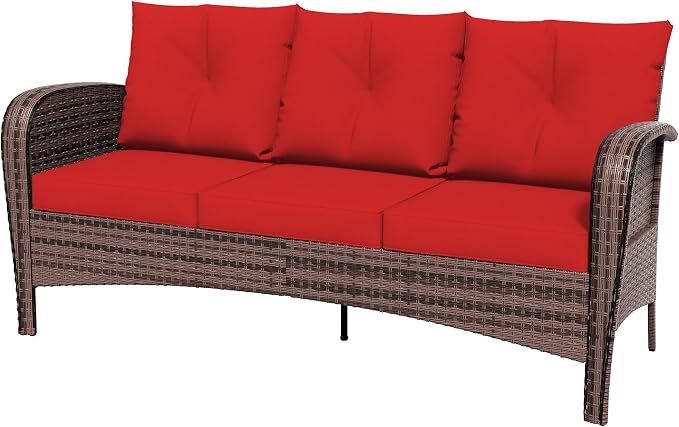 Patio 3-Seater Sofa, PE Wicker Outdoor Lounge with Thick Removable Cushions, Rust-Proof Steel Frame, 900LBS Capacity, Red