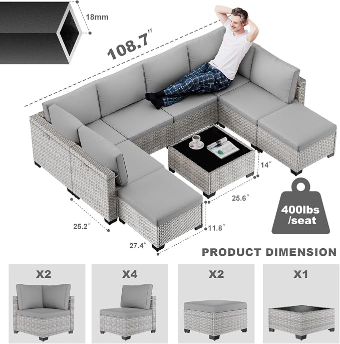 9-Piece Patio Furniture Set, Outdoor Sectional with Ottomans, Modular Patio Sofa, Dual-Strand Wicker Rattan, Rust-Resistant Frame, Backyard Furniture for Garden, Deck, Gray