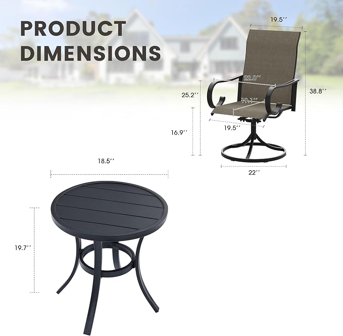 3 Pieces Patio Dining Set, 2 Outdoor Swivel Dining Chairs with 18.5" Round Outdoor Dining Table, All Weather Textilene Patio Chairs and Metal Table for Garden Backyard, Mixed Brown & Black
