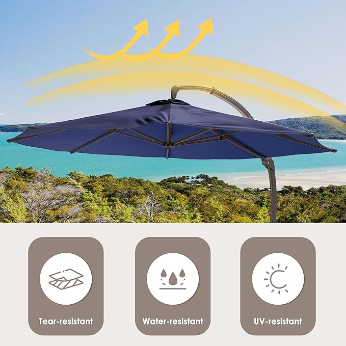 ENSTVER 12FT Cantilever Patio Umbrella With Base Included, Round Large Aluminum Outdoor Cantilever, Heavy Duty Offset Umbrella with 360°Rotation for Pool, Deck, Backyard, Garden(Navy Blue)