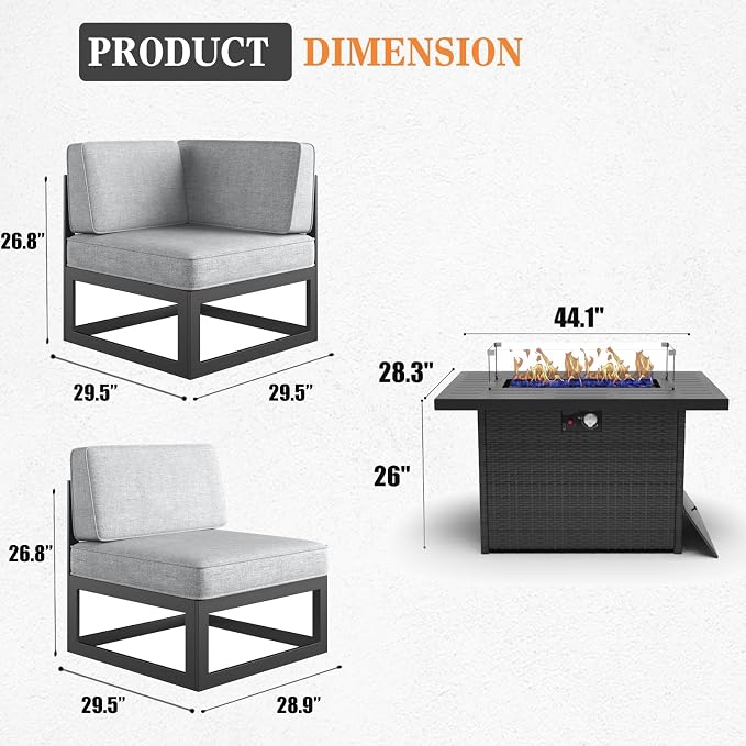 6 Pieces Aluminum Patio Furniture Set with Propane Gas 44" Fire Pit Table, Metal Outdoor Conversation Sofa Set with Seating Cushions