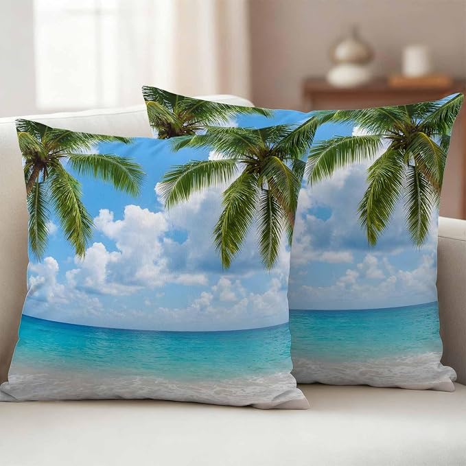 Yukro Tropical Beach Outdoor Waterproof Pillow Covers Pack of 2, Starfish Palm Tree Sky Coastal Throw Pillowcases Decorative Cushion Covers for Garden Patio Tent Sofa Couch, 26x26 inch