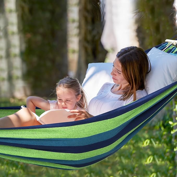 Chihee Cotton Hammock Holds Up to 660lbs Fabric Hammock 8.9x4.9ft Soft Portable Tree Hammocks Camping with Detachable Spreader Bar Pillow 2 Strong Webbings 2 Carabiners Indoor Outdoor Backyard Garden