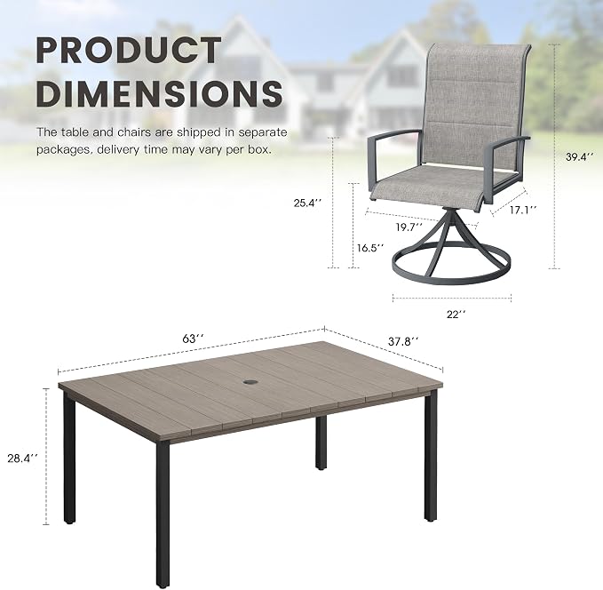 Outdoor Dining Set for 6, 63" Outdoor Dining Table with Umbrella Hole and Padded Textilene Patio Swivel Chairs, 7 Pieces Patio Table and Chairs Set for Garden Backyard, Grey