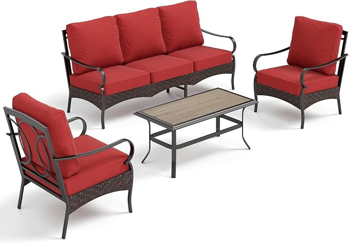 PHI VILLA Outdoor Modern Patio Furniture Set, Upgraded Wicker & Metal Patio Furniture Conversation Set with Waterproof Thick Cushions for Porch, Poolside, Yard (4 Pieces,Red)