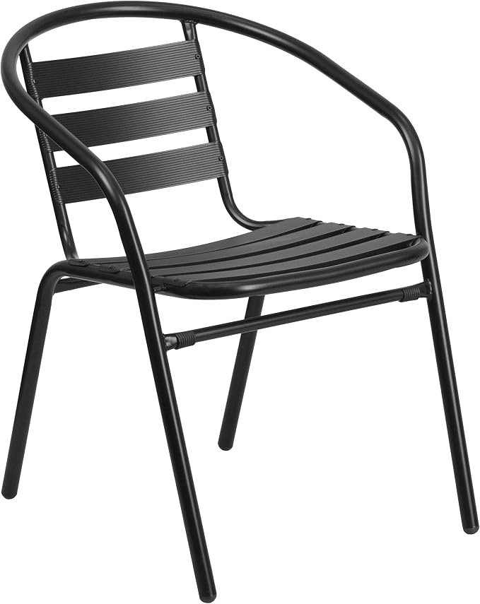 Flash Furniture Lila Commercial 5-Piece Outdoor Dining Set, Tempered Glass Patio Table with Umbrella Hole, 4 Triple Slat Chairs, 47", Black