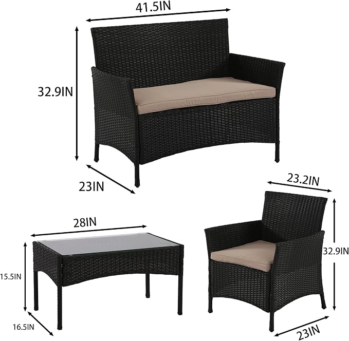 PayLessHere 4 Pieces Patio Furniture Set Rattan Outside Furniture Wicker Sofa Garden Conversation Sets with Soft Cushion and Glass Table for Yard Pool or Backyard,Black