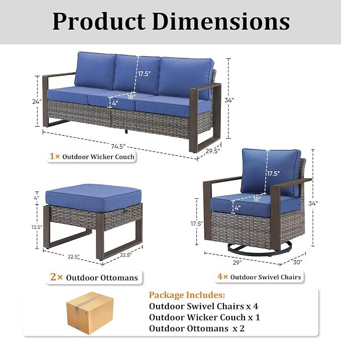 7-Piece Outdoor Patio Furniture Set with 4 Swivel Chairs, All-Weather Wicker Sofa Set for Garden, Yard, Porch and Poolside Seating, Grey/Blue