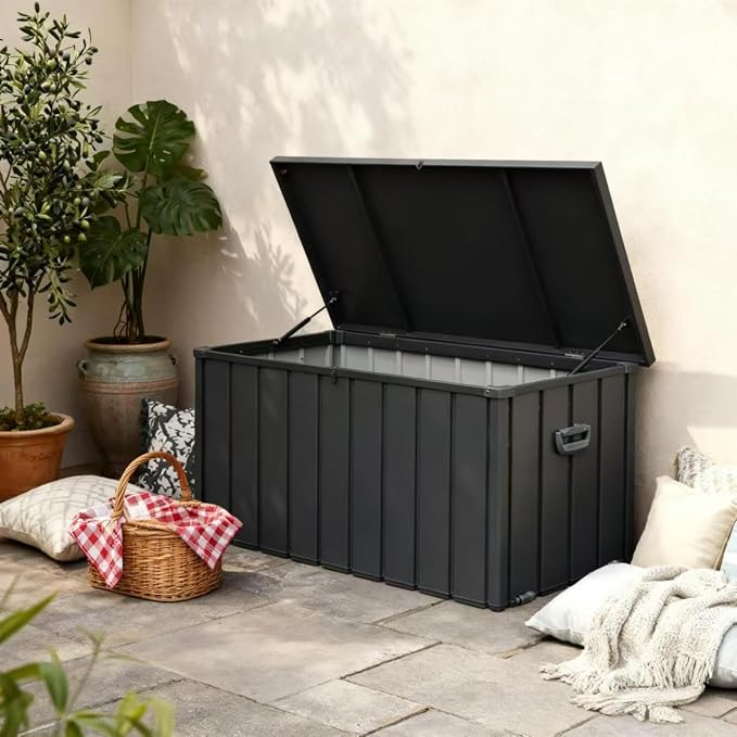 200 Gallon Weatherproof Outdoor Deck Box with UV-Resistant Rustproof Steel Panels & Hydraulic Rod, Garden Tool Chest with Side Handles & Rolling Wheels, Patio Storage Bin with Lockable Soft-Close Lid
