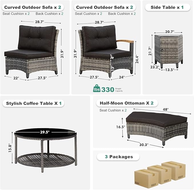 MEISSALIVVE 8-Piece Half-Moon Curved Outdoor Patio Furniture Set, Sectional Conversation Sofa with 2 Half-Moon Ottomans, Coffee & Side Tables for Backyard Deck Garden, Black