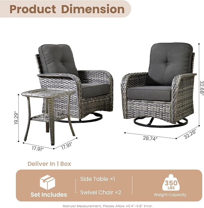 HOOOWOOO Patio Furniture Set,3 Pieces Outdoor Conversation Set,All Weather Wicker High Back Swivel Chairs Bistro Set with Side Table,Black