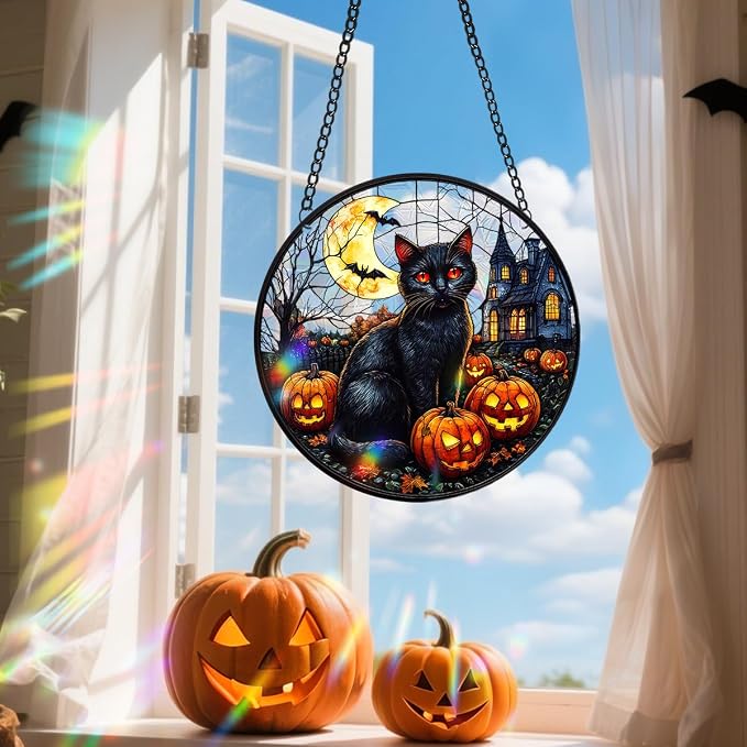 Acrylic Halloween Sun Catcher - 7.87 Inch Black Cat Round Suncatcher for Window Hanging Decoration - Creates Indoor Rainbows Light Refraction - Spooky Ghost, Witch, Pumpkin Design