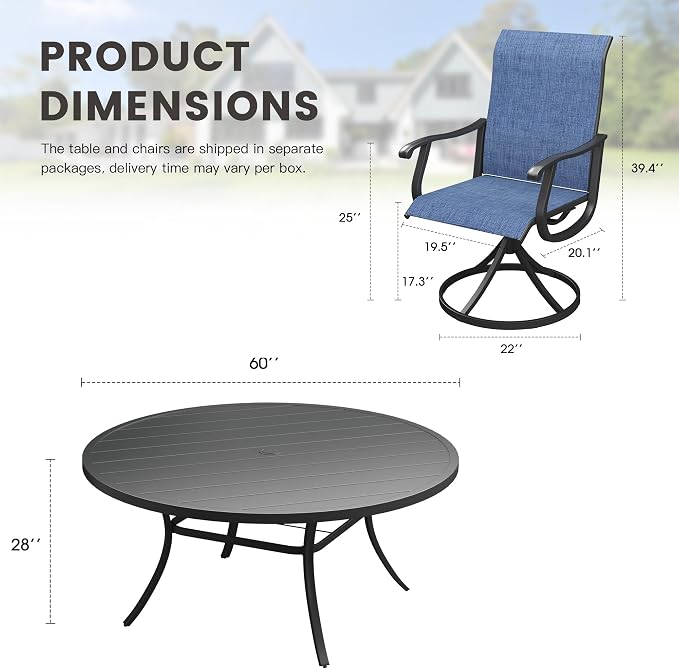 Outdoor Dining Set for 8, 60" Metal Round Outdoor Dining Table with Umbrella Hole and Sling Patio Swivel Chairs, 9 Pieces Patio Table and Chairs Set for Garden Backyard, Dark Blue and Black