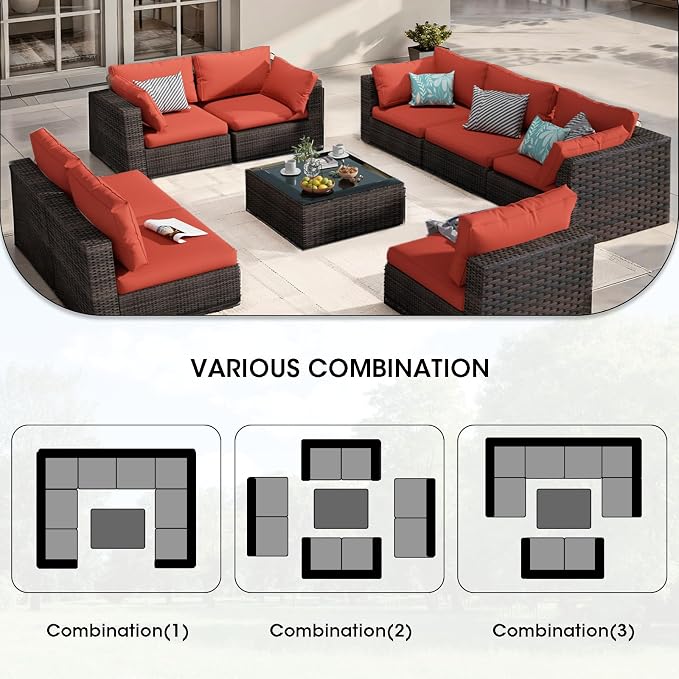 9 Piece Patio Furniture Set All Weather PE Rattan Outdoor Sectional Sofa Couch with No-Slip Cushions and Glass Top Table for Garden, Poolside, Backyard (Red)