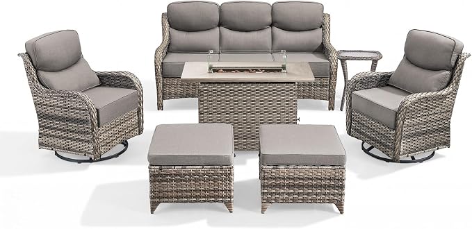 Luxury Patio Furniture Set with 6-inch Thick Cushion, Outdoor Furniture with Fire Pit Table, Swivel Chairs, Sofa, Side Table, Ottomans, 7pcs Wicker Conversation Set (Grey Wicker/Grey Cushion)