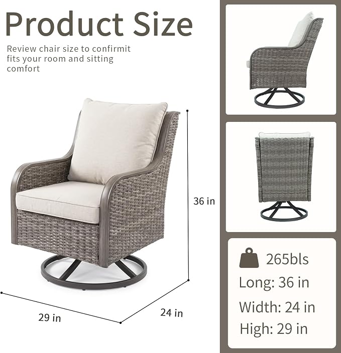 3-Piece Patio Furniture Set, 2 Swivel PE Wicker Chairs & Rattan Side Table, Outdoor Patio Swivel Rocker Seating for Porch Deck Balcony with Water-Resistant Cushions (Beige, 3-PCS)