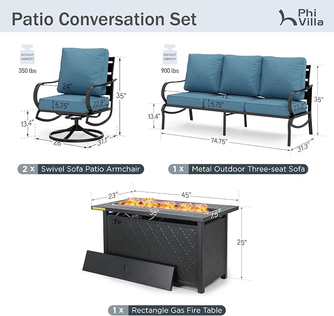 PHI VILLA 4 Piece Patio Furniture with FirePit Table, Metal Outdoor Furniture Set with 3-Seat Wide Deep Seating Bench & 2 x Swivel Sofa Chairs, Outdoor Conversation Set for 5, Navy Blue