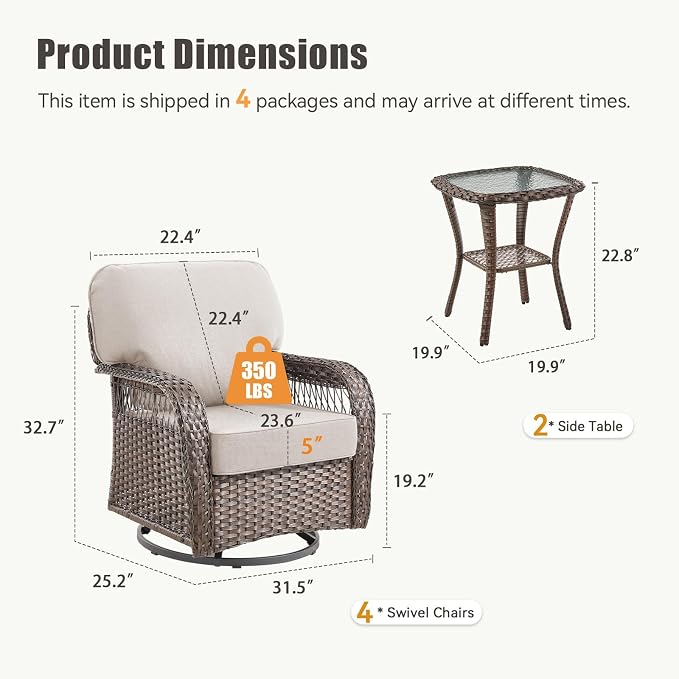 Patio Furniture Sets, 6 PCS Wicker Outdoor Furniture with Patio Sidetables - Patio Swivel Rocking Chairs and Rattan Side Table for Garden, Porch, Backyard, Beige/Brown Wicker
