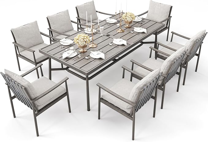 9-Piece Outdoor Dining Set for 8, Aluminum Dining Set with Cushions, 8 Dining Chairs with Rope Backrest, Large Rectangular Table with Umbrella Hole,Patio Dining Set for Porch Yard Deck,Grey