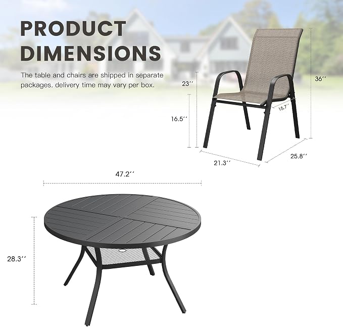7 Pieces Outdoor Dining Set, 47.3" Spliced Patio Table with Umbrella Hole & Stackable Outdoor Dining Chairs, Patio Furniture Set for Deck Garden Porch, Brown Chairs & Black Table