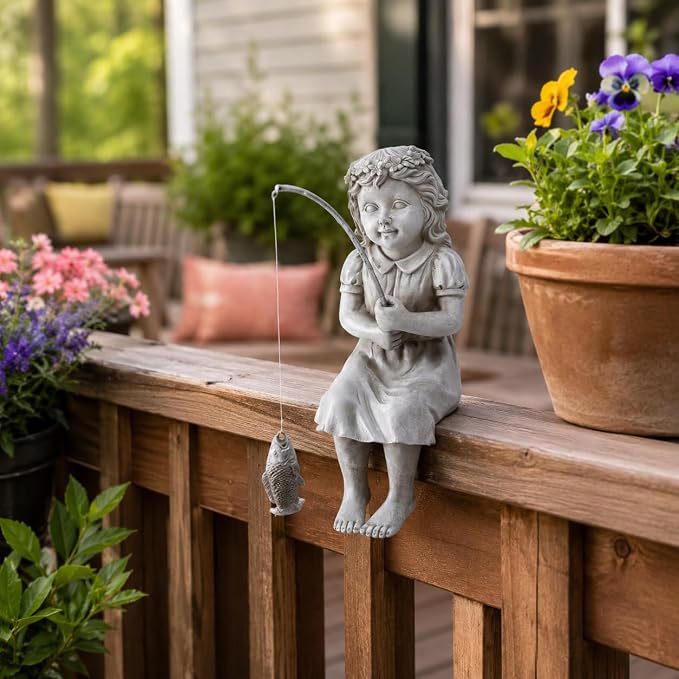 Goodeco Fishergirl Statue Garden Decor - 11" Little Fishing Guy for Koi Pond or Waterfalls, Poolside Statue with Glow in Dark Pebbles Included, Great Gifts for Mom, Women or Birthdays, Gift Ideas