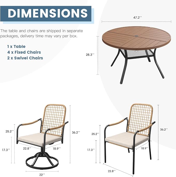 DIFY 7 Pieces Outdoor Dining Set for 6, 47.2" Walnut Round Metal Table with 4 Stackable Wicker Patio Chairs & 2 Swivel Chairs, Patio Furniture Set with Cushions and Umbrella Hole, Wheat Rattan