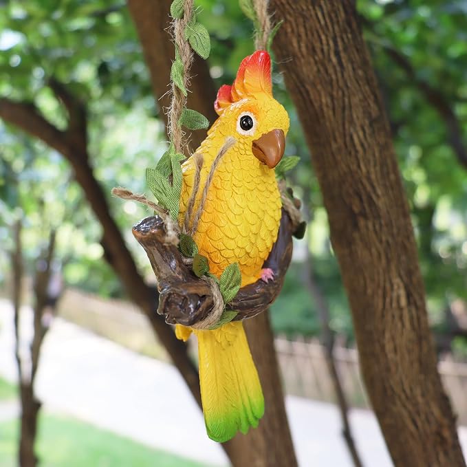 Resin Parrot Hanging Tropical Decor Outdoor Porch Tree Tiki Bar Decorations Outdoor Hanging Bird Sculpture for Christmas Tree Plant Patio Lawn Yard Porch Balconies Decor (Yellow)