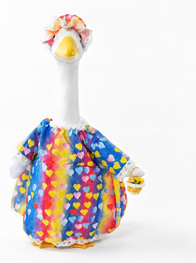 Funny 3-Piece Heart Print Porch Goose Outfits Set, Vintage Lace Trim Dress, Matching Bonnet & Flower Basket, Spring/Summer Yard & Lawn Goose Costume for 23" Statue, Outdoor Patio Garden Decoration