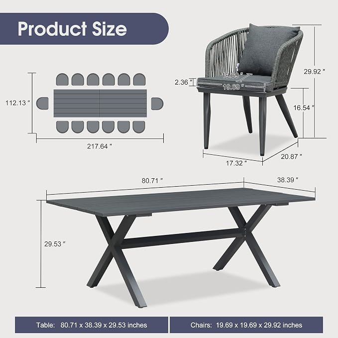 PURPLE LEAF 16 Pieces Patio Dining Set Wicker Outdoor Furniture Rectangular Table and Chairs Set for Garden Deck Aluminum Frame Backyard Kitchen Set, Cushions and Pillows Included Grey