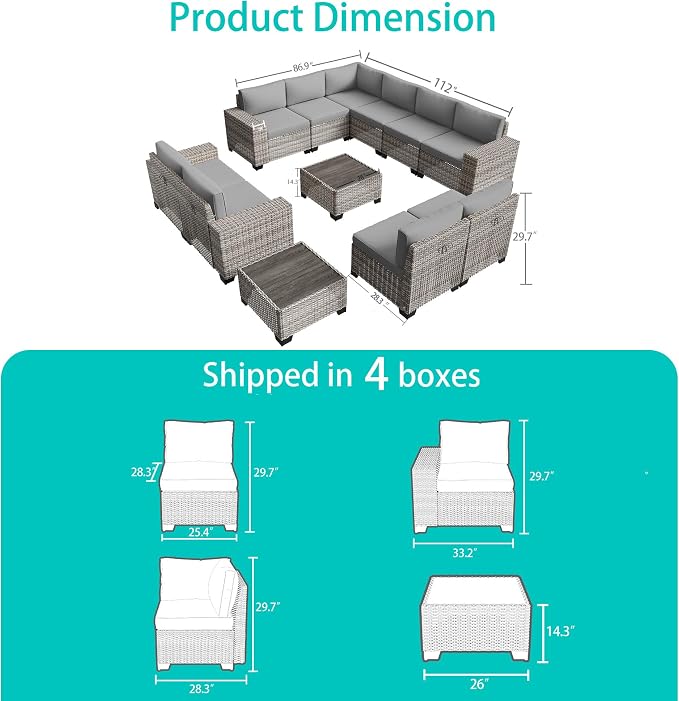 12-Piece Outdoor Patio Furniture Set Wicker Sectional Sofa Set, Patio Conversation Set with Thickened Cushions & Side Table for Patio, Garden, Backyard, Grey