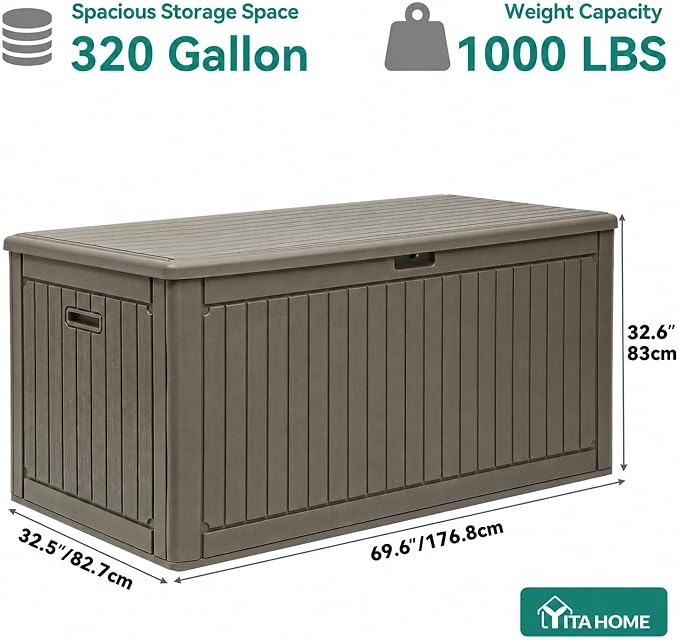 YITAHOME 320 Gallon Extra Large Deck Box, Double-Wall Resin Outdoor Storage Box with Flexible Divider for Patio Cushions Garden Tools, 1000lbs Load Capacity, Lockable & Waterproof (Light Brown)