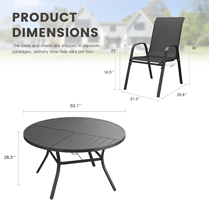 9 Pieces Outdoor Dining Set, 53.1" Spliced Patio Table with Umbrella Hole & Stackable Outdoor Dining Chairs, Patio Furniture Set for Deck Garden Porch, Black Chairs & Black Table