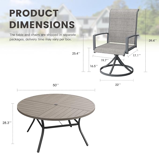 Outdoor Dining Set for 6, 50.1" Outdoor Dining Table with Umbrella Hole and Padded Textilene Patio Swivel Chairs, 7 Pieces Patio Table and Chairs Set for Garden Backyard, Grey