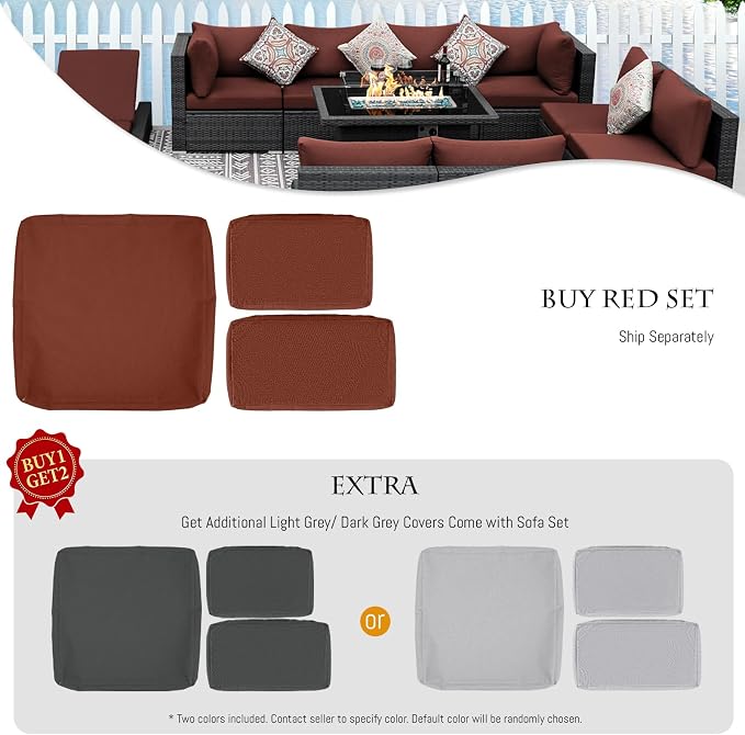 BULEXYARD 7 Piece High Back Outdoor Sectional Set with Fire Pit Table, Wicker Patio Furniture Set Weather-Resistant, Modular 6-Person Couch Sofa Comfortable Wide Deep Seats for Backyard, Grey & Red