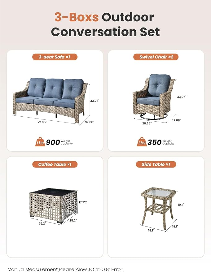 ovios 5 Piece Outdoor Patio Furniture with 3 Seat Sofa,Rattan Wicker Coversation Set with Swivel Rocking Chair,Balcony Sofa Set with Shiny Table for Outside Porch Backyard Pool, Blue
