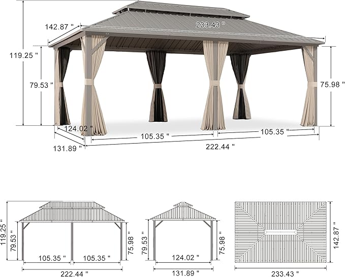 PURPLE LEAF 12' x 20' Outdoor Hardtop Gazebo, Patio Gazebo Champagne Aluminum Frame with Galvanized Steel Double Roof, Curtains and Netting for Patio Lawn and Garden