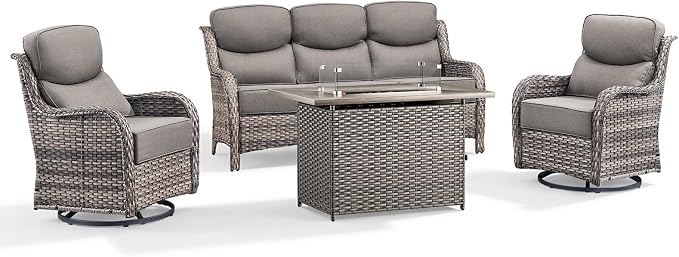 Luxury Patio Furniture Set with 6-inch Thick Cushion, Outdoor Furniture with Fire Pit Table, Swivel Chairs, Sofa, 4pcs Wicker Conversation Set for Deck Yard and Poolside(Grey Wicker/Grey Cushion)