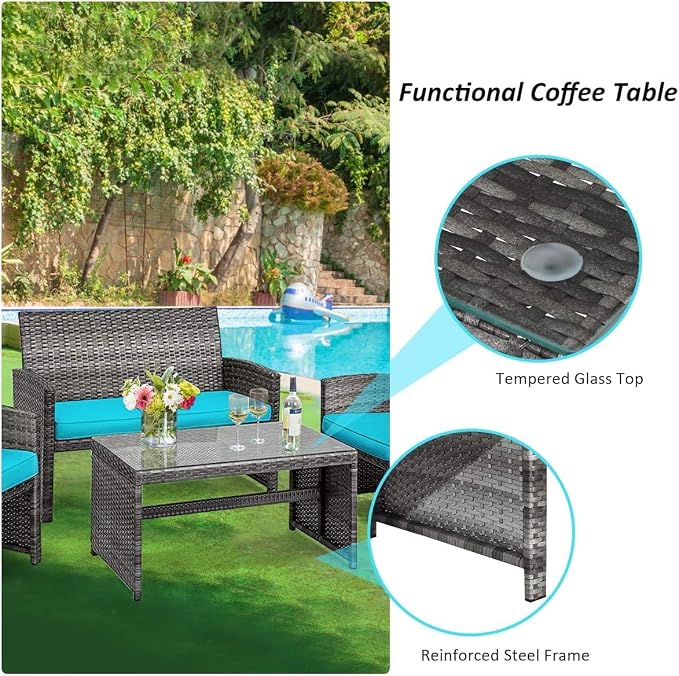 COSTZON HOMGX 4-Piece Patio Furniture Set, Outdoor PE Rattan Conversation Set w/Tempered Glass Table & Soft Cushions, Wicker Conversation for Sofa Porch, Poolside, Backyard (Turquoise)