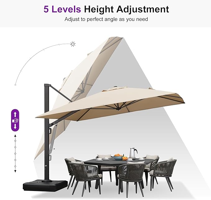 PURPLE LEAF 11 FT Square Patio Cantilever Umbrella with Base Included Large Outdoor Offset Umbrella with 360-degree Rotation for Garden Deck Backyard Pool Beige