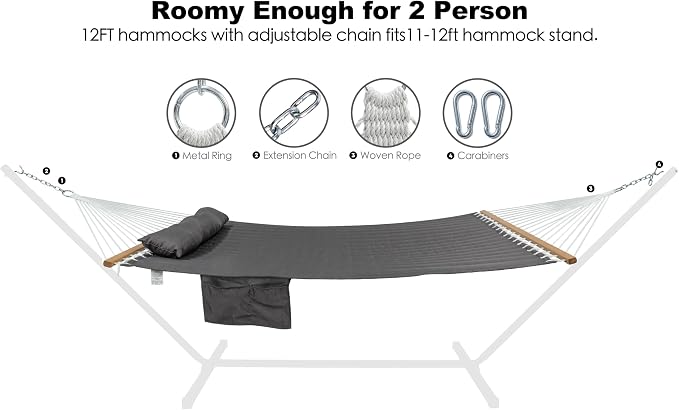 GAFETE Hammock 2 Person Quilted Fabric Hammocks for Outside, Double 12ft Hammocks with Spreader Bar, Large Removable Pillow, Storage Bag, Carabiners, Max 475 lbs Capacity (Dark Grey)